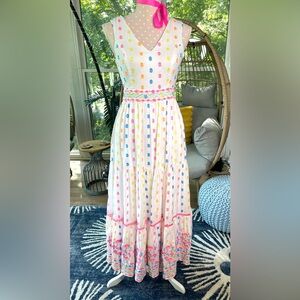 Lilly Pulitzer White Maxi Dress with Pink, Blue, Yellow, Orange Polka Dots